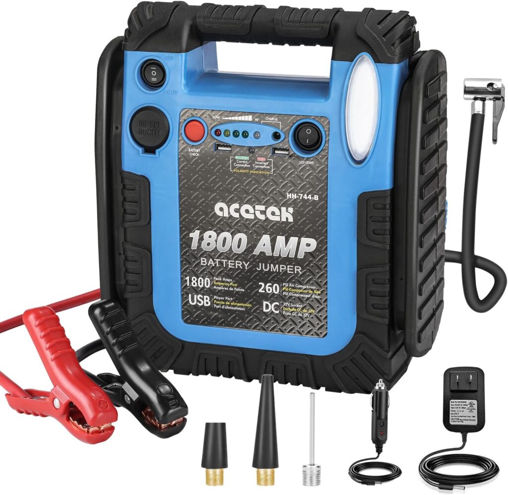 1800 Amp Jump Starter with Air Compressor, acetek Car Battery Jump Starter 260 PSI Tire Inflator, 20000 mAh 12V Auto Lead-Acid Battery Booster (Up to 6L Gas or 6L Diesel Engine) with LED Light  USB