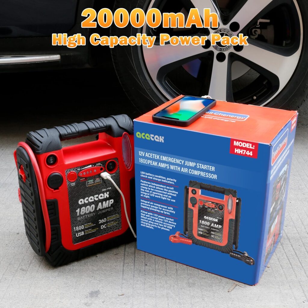 1800 Amp Jump Starter with Air Compressor, acetek Car Battery Jump Starter 260 PSI Tire Inflator, 20000mAh 12V Auto Lead-Acid Battery Booster (Up to 6L Gas or 6L Diesel Engine) with LED Light  USB