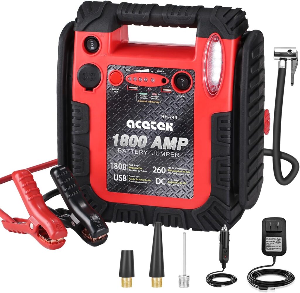 1800 Amp Jump Starter with Air Compressor, acetek Car Battery Jump Starter 260 PSI Tire Inflator, 20000mAh 12V Auto Lead-Acid Battery Booster (Up to 6L Gas or 6L Diesel Engine) with LED Light  USB