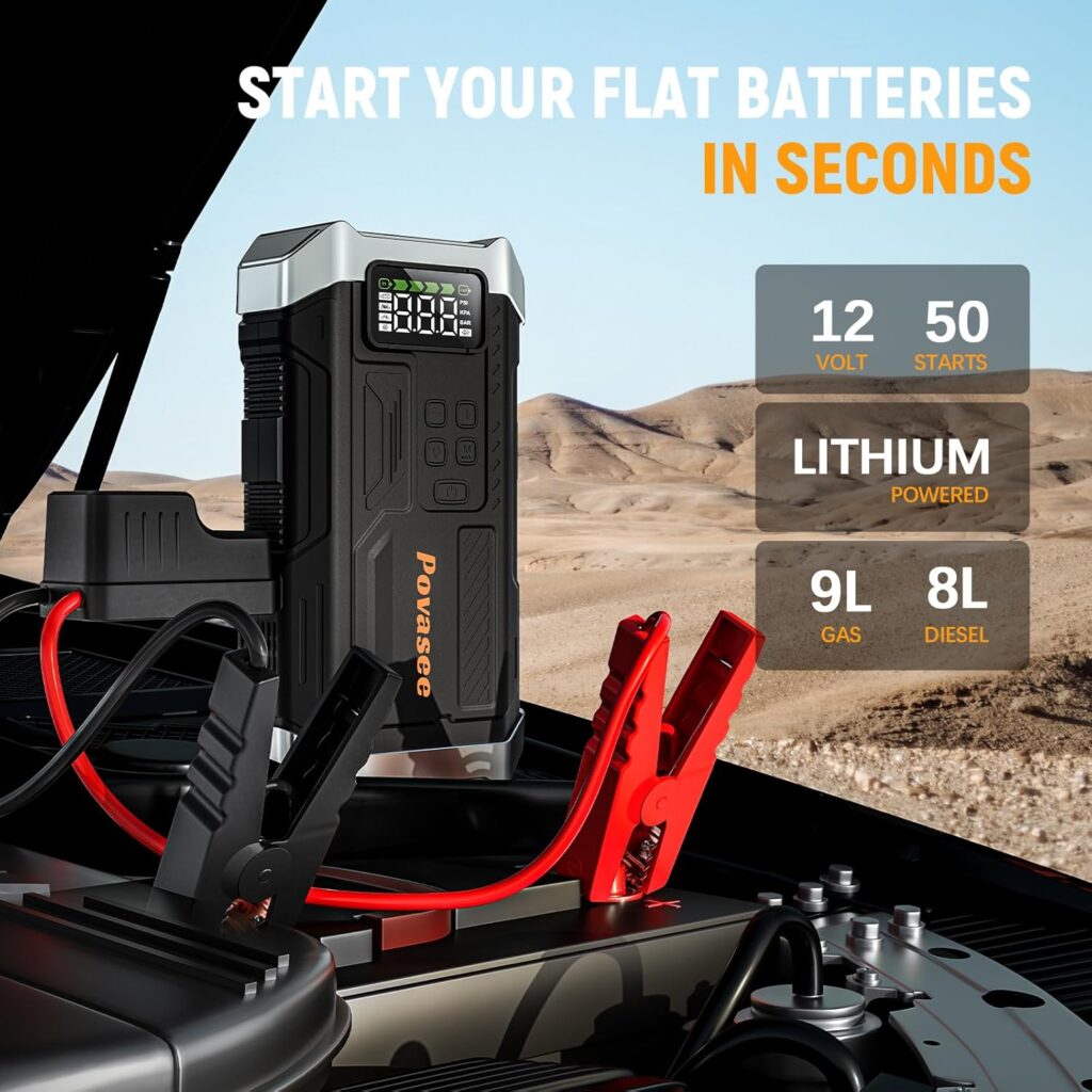 [2025NEW Model] 5000A Jump Starter with Air Compressor,Battery Jumper Starter Portable with 150PSI Tire Inflator 12V Jump Box with LCD Display,Flashlight,Storage Case (Up 9L Gas/8L Diesel Engine