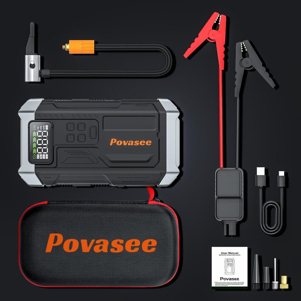 [2025NEW Model] 5000A Jump Starter with Air Compressor,Battery Jumper Starter Portable with 150PSI Tire Inflator 12V Jump Box with LCD Display,Flashlight,Storage Case (Up 9L Gas/8L Diesel Engine