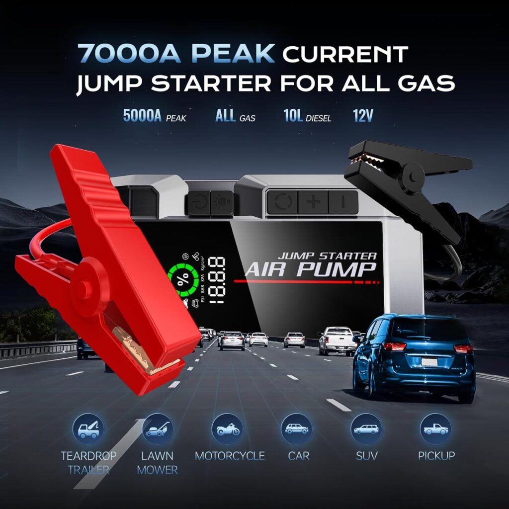 7000A Car Jump Starter with Air Compressor, 35000mAh Battery Jumper Starter Portable, Jump Starter Battery Pack (All Gas/12.0L Diesel),150PSI Tire Inflator, 70 Starts 12V Auto Battery Booster