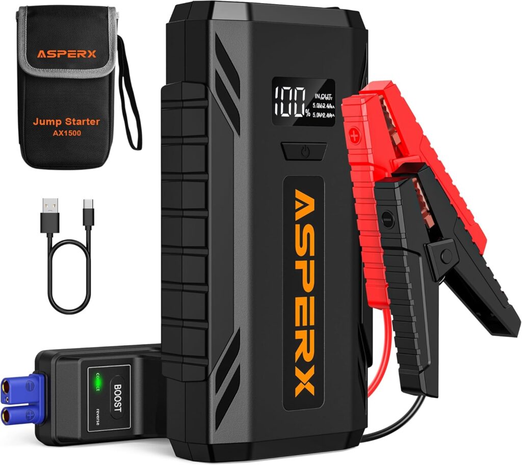 ASPERX Car Jump Starter, 2000A Peak Battery Jump Starter for Up to 7.0L Gas or 5.5L Diesel Engine, 12V Portable Battery Starter Power Pack with 1.4 INCH LCD Display