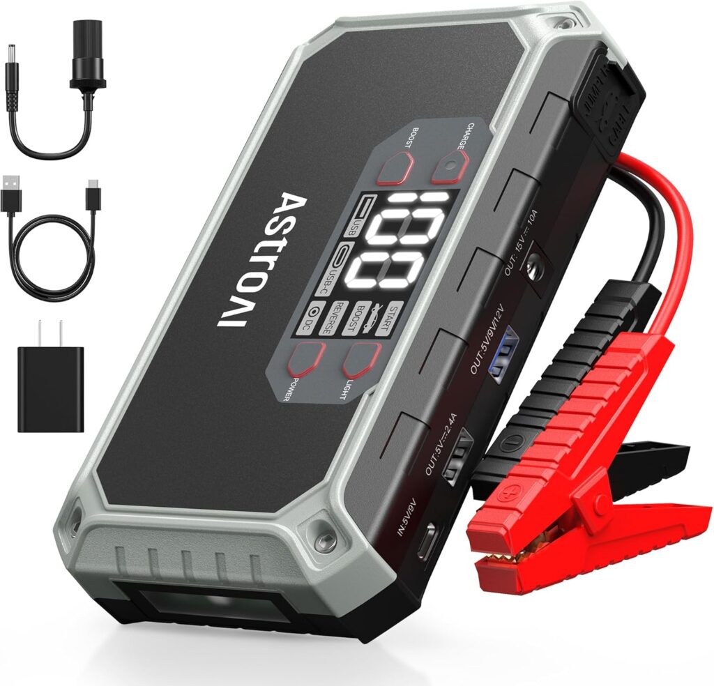 AstroAI Car Jump Starter, 2000A 12V 8-in-1 Battery Jump Starter, Up to 7.0L Gas  4.0L Diesel Engines, Intuitive LED Screen, Quick Charge 3.0 Power Bank with Cigarette Adapter, Jumper Cable