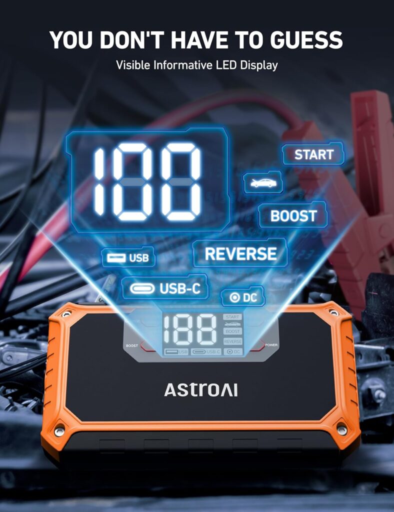 AstroAI Car Jump Starter, 2000A 12V 8-in-1 Battery Jump Starter, Up to 7.0L Gas  4.0L Diesel Engines, Intuitive LED Screen, Quick Charge 3.0 Power Bank with Cigarette Adapter, Jumper Cable