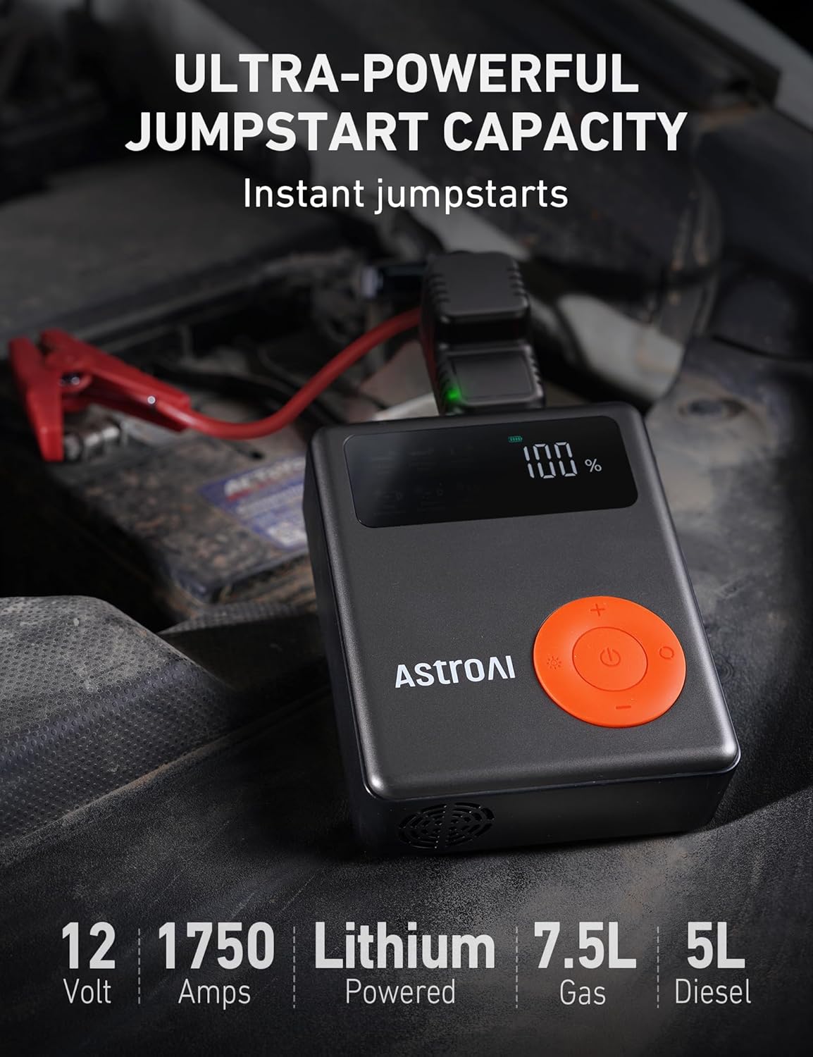 AstroAI Portable Car Jump Starter with Air Compressor, 150PSI 1750A Car Battery Jump Starter Battery Pack with Tire Inflator (7.5 Gas/5.0L Diesel), 12V Car Jump Box, Large LCD Display, Lights