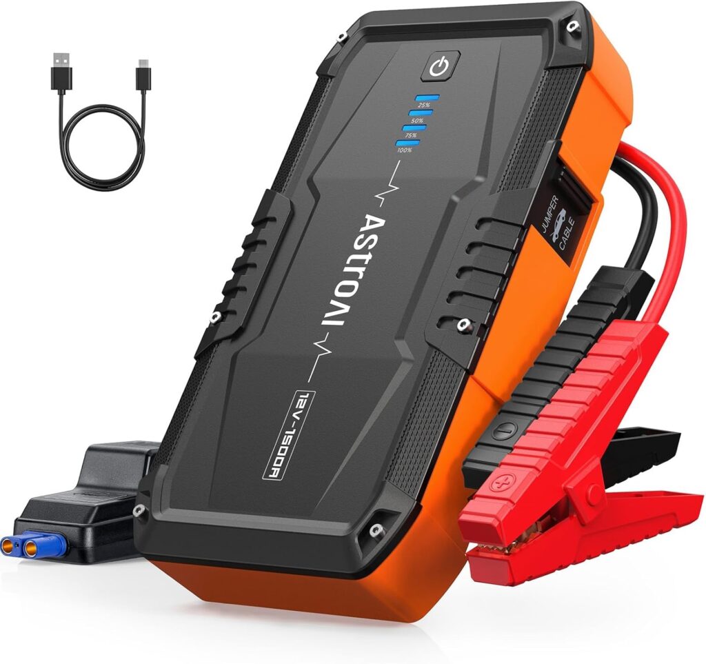 AstroAI S8 Car Battery Jump Starter, 1500A Jump Starter Battery Pack for Up to 6.0L Gas  3.0L Diesel Engines, 12V Portable Jump Box with 3 Modes Flashlight and Jumper Cable, Stocking Stuffers(Orange)