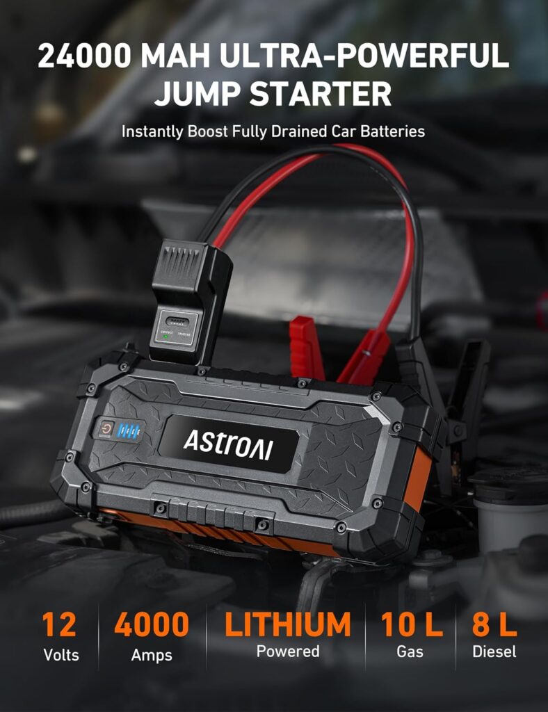 AstroAI S8 Ultra Battery Jumper Starter Portable, 4000A Car Jump Starter for Up to 10.0L Gas  8.0L Diesel Engines, 88.8Wh Portable 12V Jump Box with USB Quick Charge and DC/Type C Port