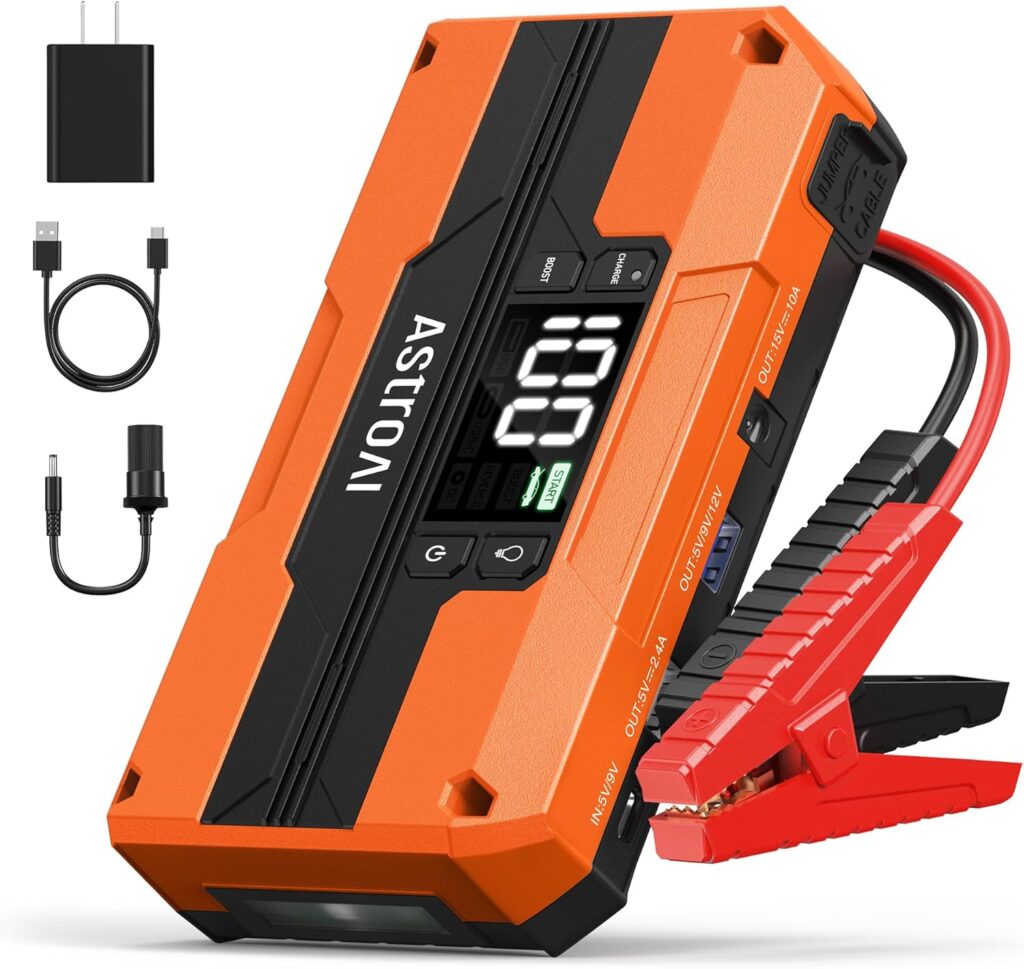 AstroAI T8 Car Jump Starter, 2500A 8-in-1 Jump Box for Car Battery, Up to 8.0L Gas  5.0L Diesel Engine, 15200mAh QC 3.0 Power Bank, Informative LED Screen with Cigarette Adapter, Jumper Cable