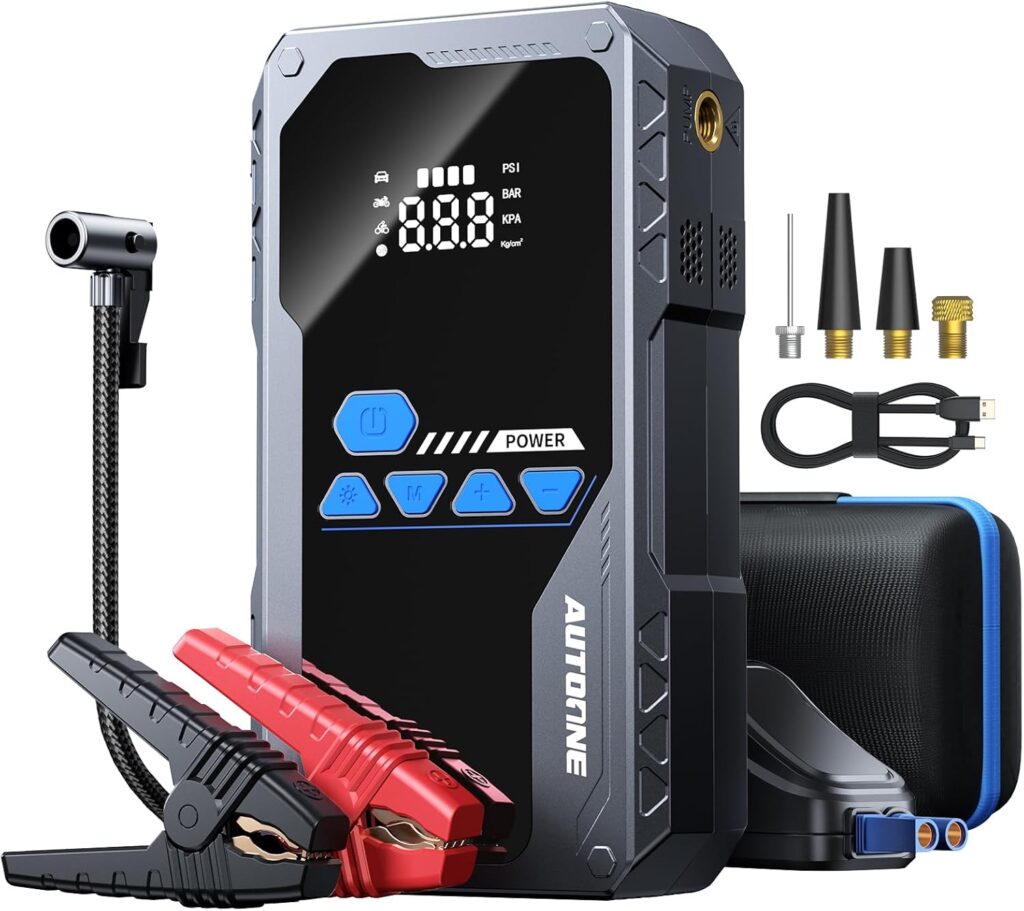 AUTOONE 4000A Jump Starter with Air Compressor (10L Gas/8.0L Diesel), 150PSI Car Battery Jumper Starter Portable, 20800mAh Jump Box Tire Inflator with LED Flashlight, LCD Display, Storage Case