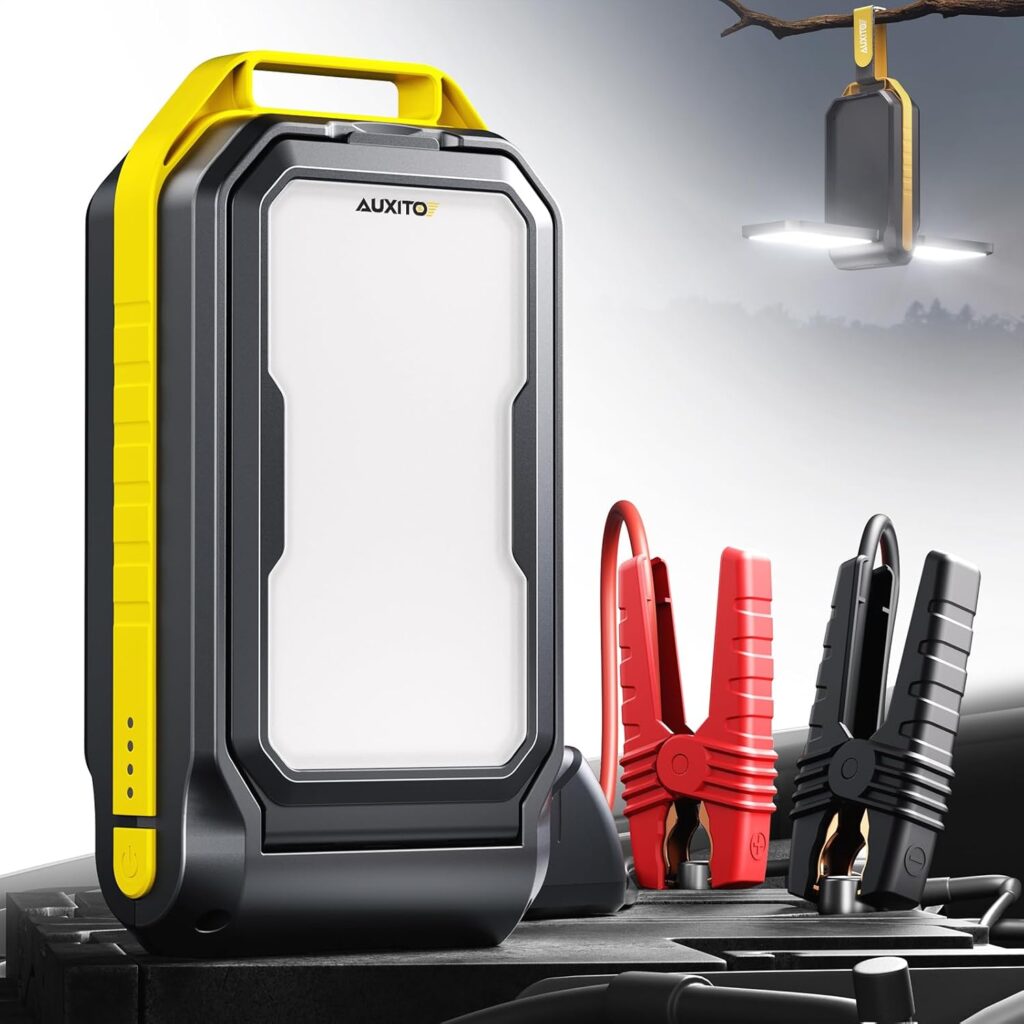 AUXITO Jump Starter: 6000A Car Portable-Battery Jumper Box with 2500LM LED Outdoor Camping Light and Power Bank Function, Up to 10.5L Gas and 10L Diesel Engines, USB Ports and Jumper Cable Included