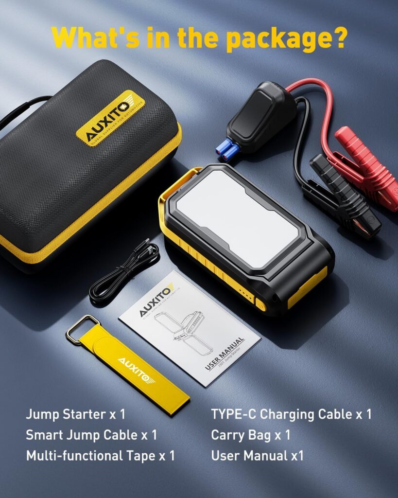 AUXITO Jump Starter: 6000A Car Portable-Battery Jumper Box with 2500LM LED Outdoor Camping Light and Power Bank Function, Up to 10.5L Gas and 10L Diesel Engines, USB Ports and Jumper Cable Included