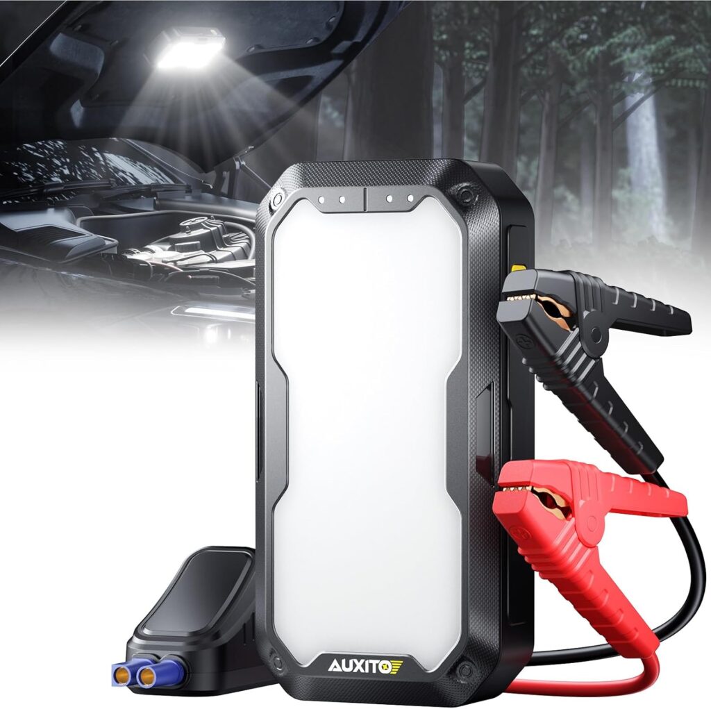 AUXITO Portable Jump Starter :- 4000A Car Battery Jump Starter(8L Gas/7L Diesel) 2000LM Camping Light, 12V Jump Box with 4 Modes Working Light and 2 Hook, Portable Charger and Jump Cables