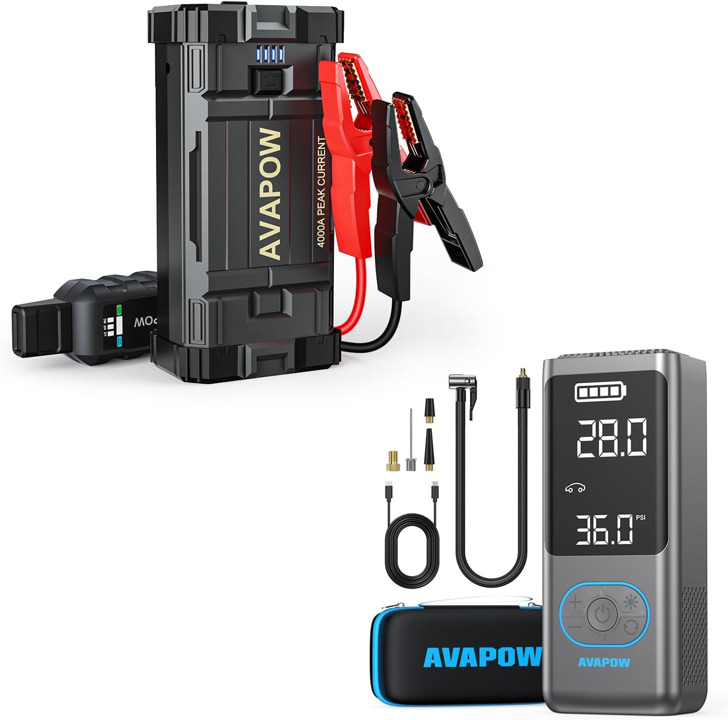 AVAPOW 1 Pcs 4000A (Gas All, Diesel 10L) Battery Jumper Starter Portable  1 Pcs AVAPOW AP18 Tire Inflator Portable Air Compressor