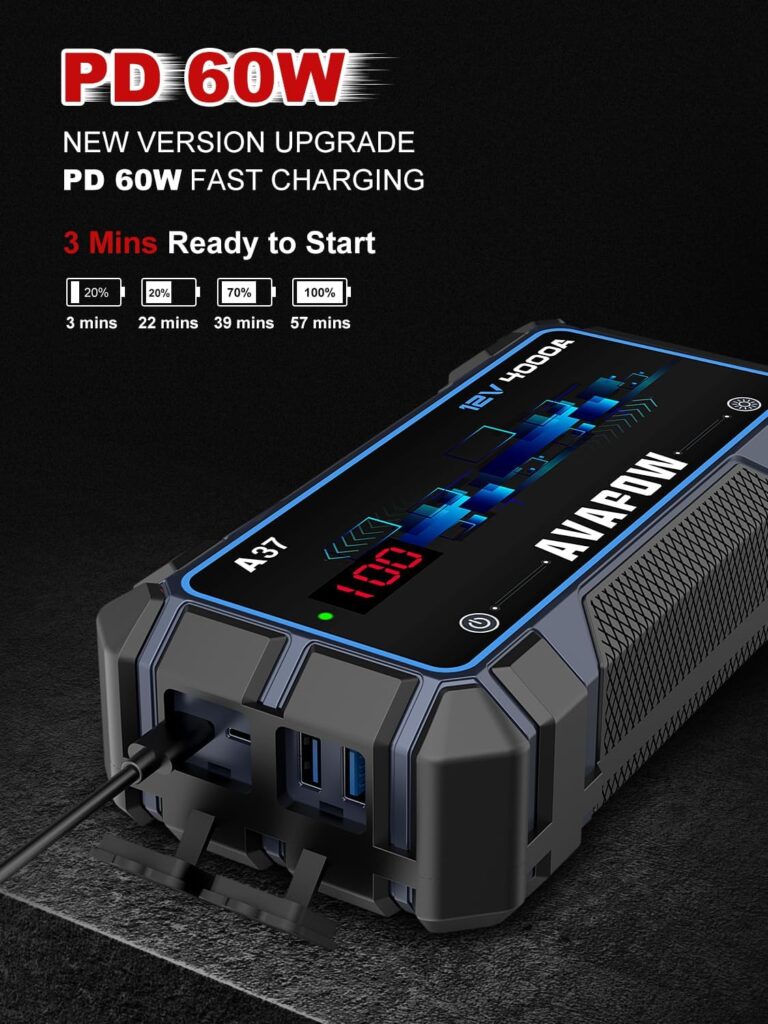 AVAPOW Car Battery Jump Starter 4000A Peak,12V Portable Jumpstart Box for Up to 10L Gas 10L Diesel Engine,PD 60W Fast Charging Lithium Jump Starters Charger Pack