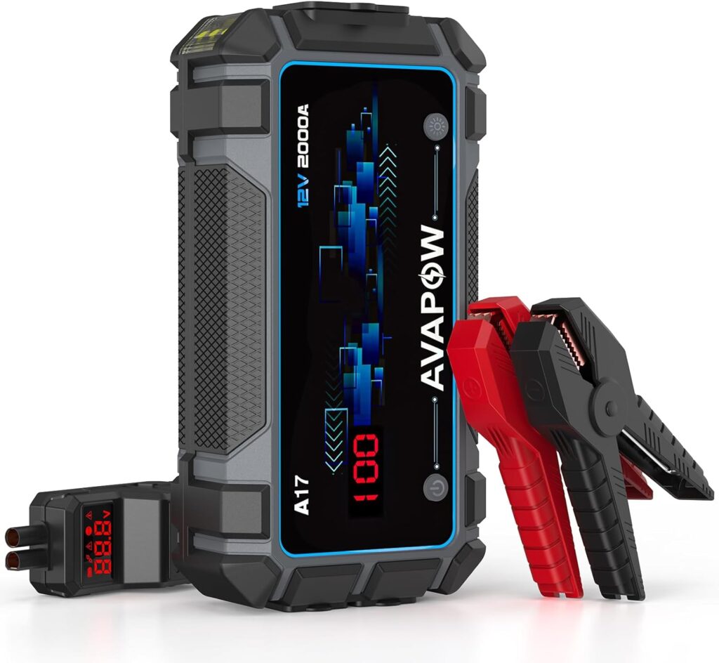 AVAPOW Car Jump Starter Battery Jumper Starter Portable Jump Boxes Car Battery Jump Starter Battery Pack with Jumper Cable 2000A for Vehicles (12V 8L Gas/6.5L Diesel Engine), LED Light/USB QC3.0