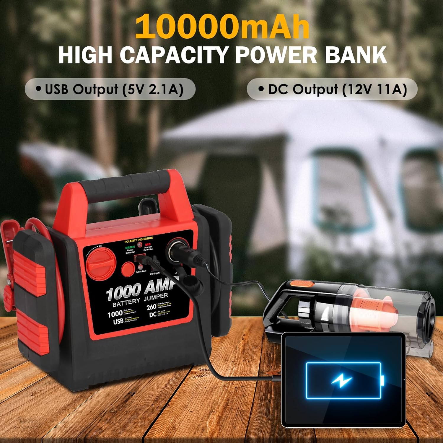 Car Battery Jump Starter-1000Amp 12V Lead-Acid Battery Jump Box with 260PSI Air Compressor, 10000 mAh Portable Power Station, Jump Pack for Vehicles Up to 5L Gas or Diesel