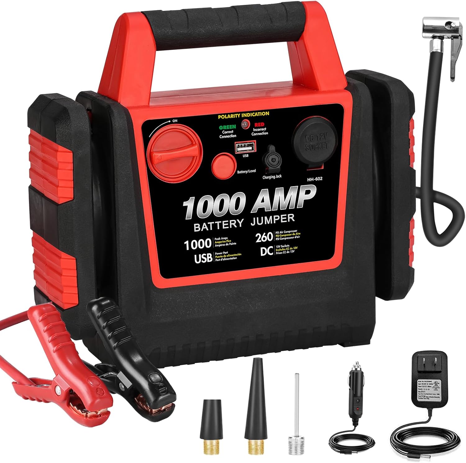 Car Battery Jump Starter-1000Amp 12V Lead-Acid Battery Jump Box with 260PSI Air Compressor, 10000 mAh Portable Power Station, Jump Pack for Vehicles Up to 5L Gas or Diesel