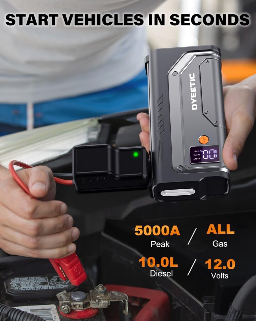 Car Battery Jump Starter 5000A Peak, 12V Lithium Portable Jumper Starter for All Gas and 10.0L Diesel, Jump Box with Carrying Case  Extended Jumper Cable, Jumper Pack with Power Bank  LED Light