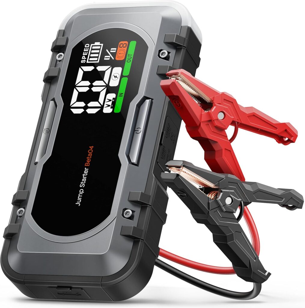 Car Battery Jump Starter 6000A Jump Box 65W Fast Charging (All Gas/12.0L Diesel), Portable Car Jump Starter Battery Pack, Battery Jumper Starter with Extended Jumper Cables, 600 Lumens Lights