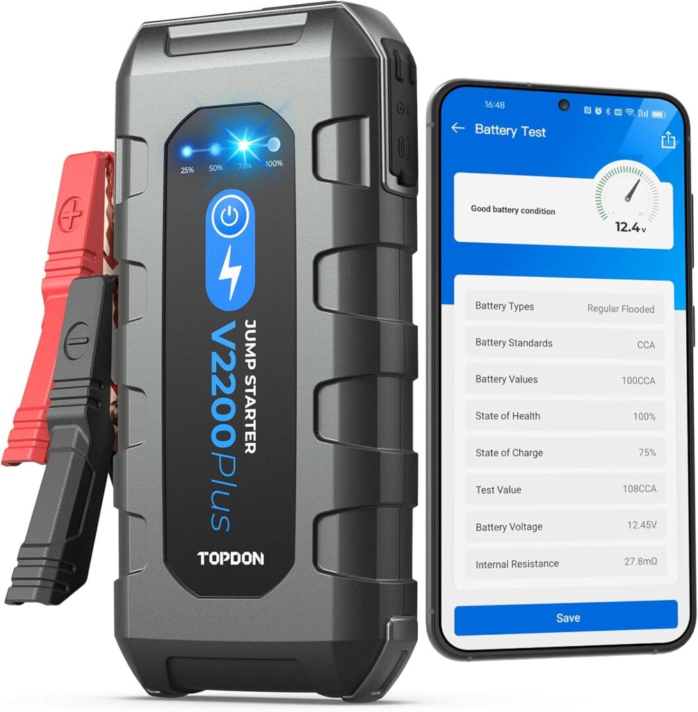 Car Battery Jump Starter and Battery Tester TOPDON 2-in-1 2200A Peak Battery Jump Starter for Up to 8L Gas/6L Diesel Engines 12V Portable Battery Booster and Tester