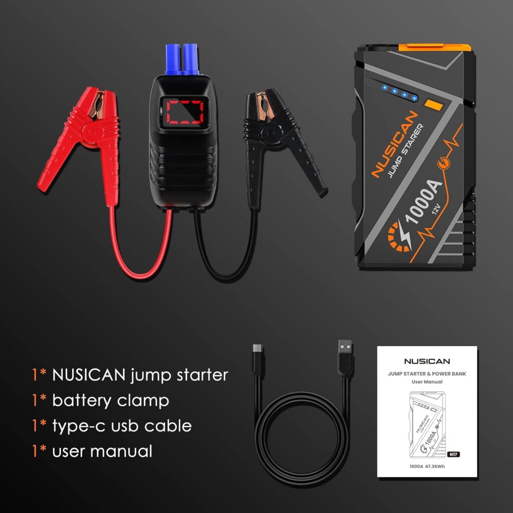 Car Battery Jump Starter, NUSICAN 2000A Portable Car Jump Starter Battery Pack (Up to 7.5L Gas/5.5L Diesel Engine) 12V Jump Box with Jumper Cables, Large LCD Display, USB QC3.0, LED Light, Compact