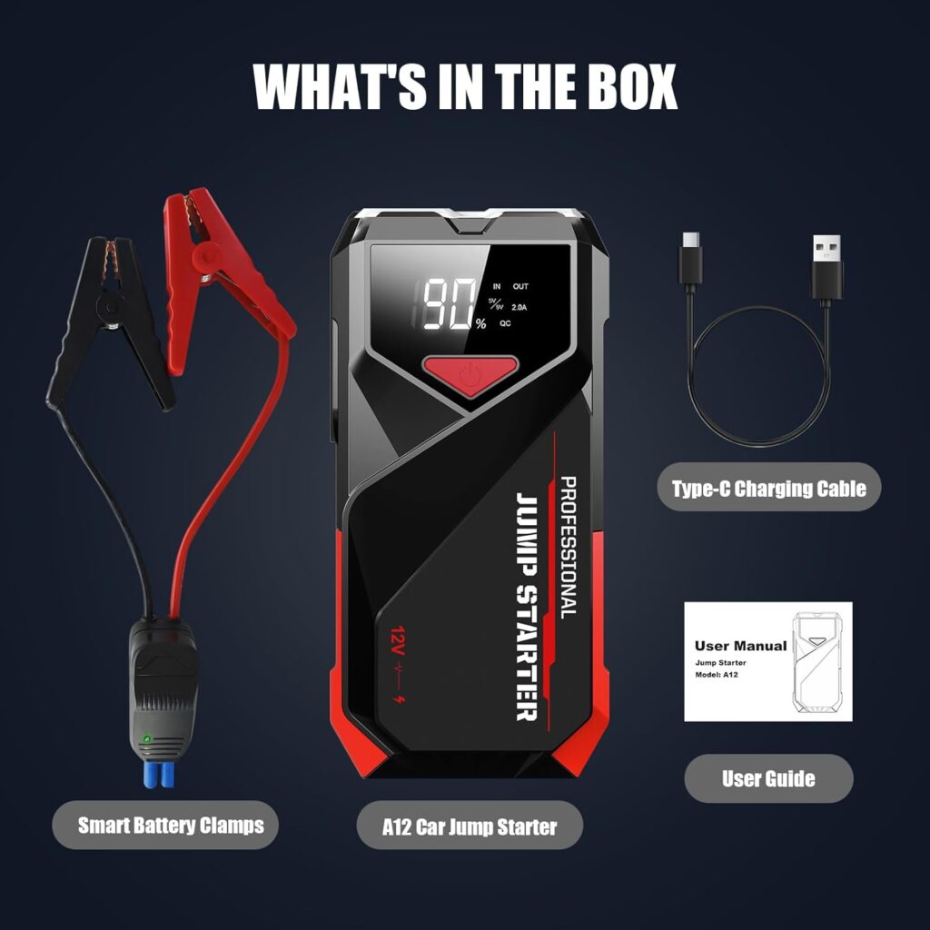 Car Battery Jump Starter Portable: 2000A Jump Starter - 12V Auto Battery Jumper Starter Pack with Jumper Cables - Jump Box for Car Battery, 7.0L Gas  5.5L Diesel Engine, Black