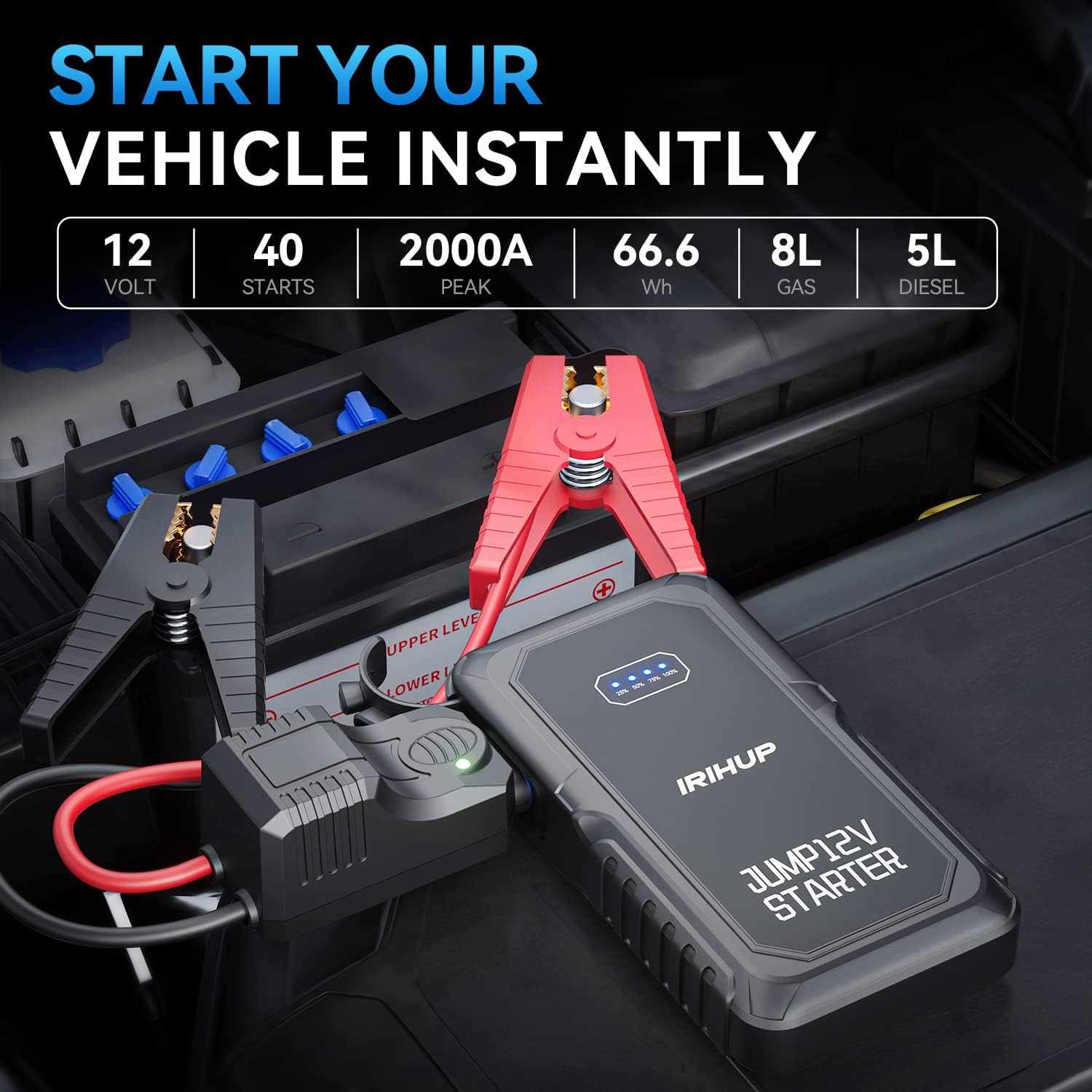 Car Jump Starter 2000A, Car Battery Jump Starter Battery Pack (8L Gas/5L Diesel) Jump Box Car Battery Jumper Starter Portable with Smart Jumper Cables