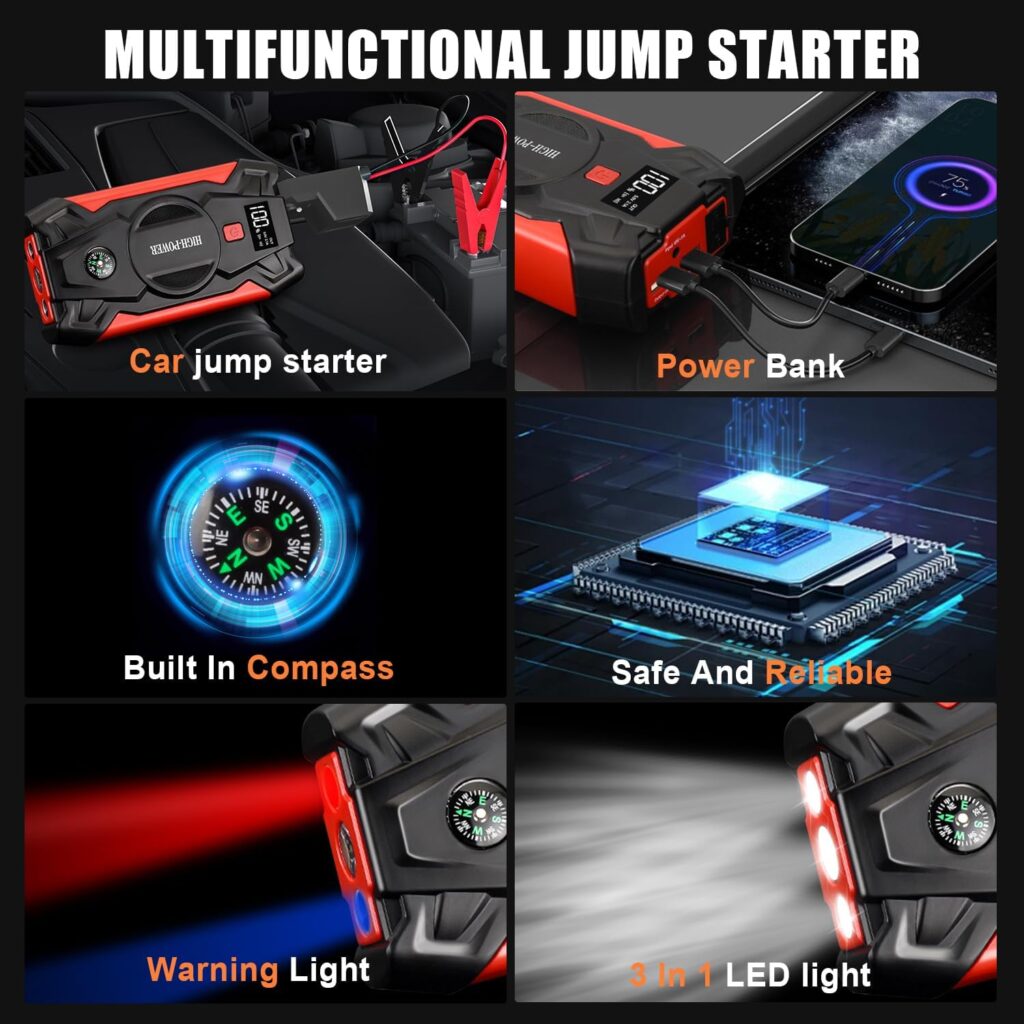 Car Jump Starter, 3000A Portable Car Battery Charger for Up to 8.5L Gas  8.0L Diesel Engines, 12V Car Jump Box with 4 Modes Flashlight, Power Bank Function, Smart Jumper Cables