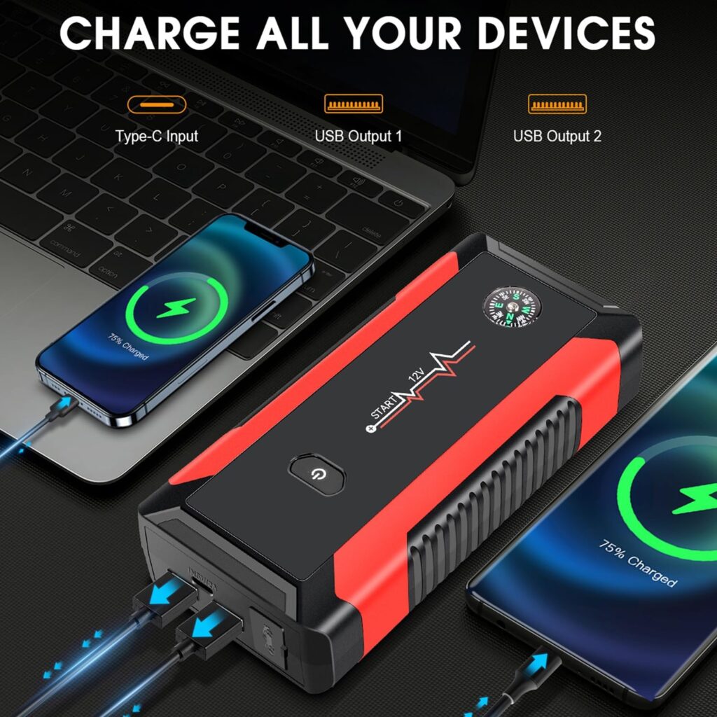 Car Jump Starter, 3000A Portable Car Battery Charger for Up to 8.5L Gas  8.0L Diesel Engines, 12V Car Jump Box with 4 Modes Flashlight, Power Bank Function, Smart Jumper Cables