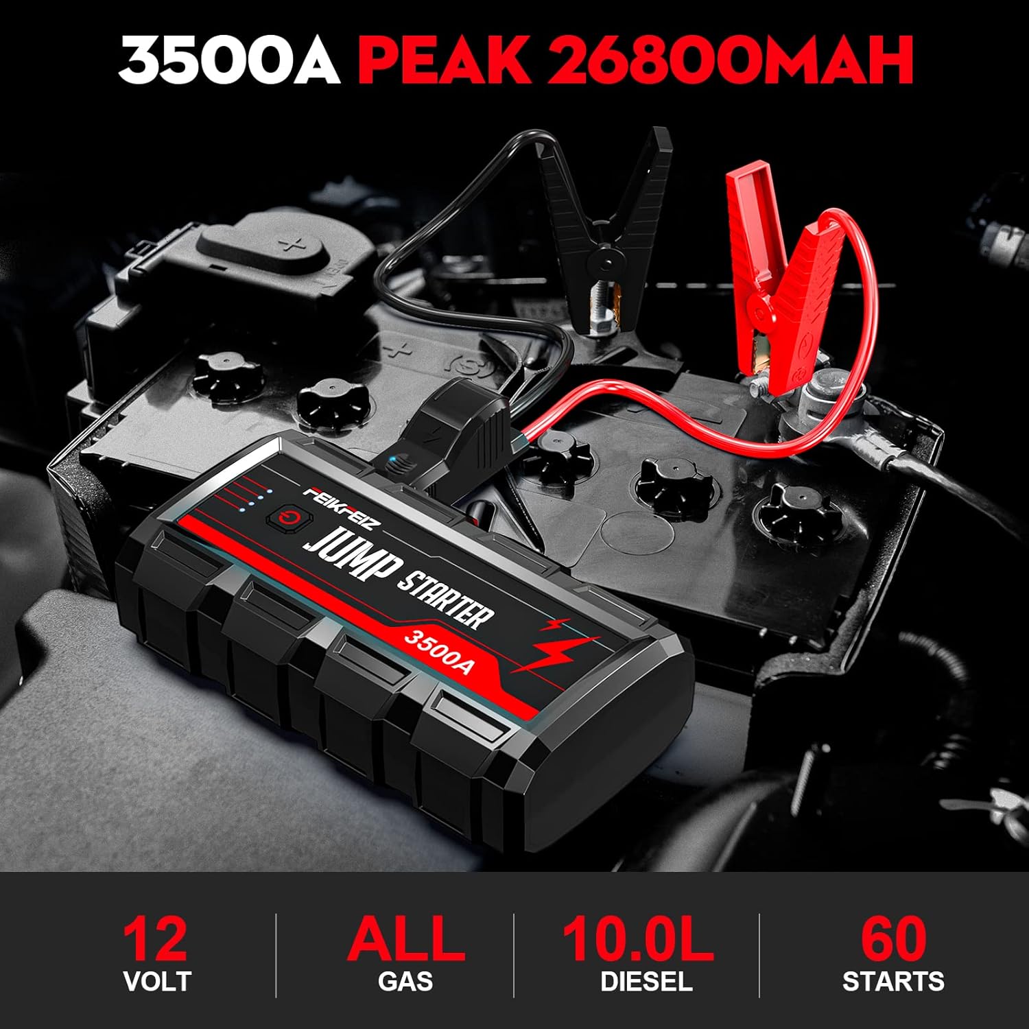 Car Jump Starter, 3500A Peak 26800mAh 12V Car Battery Starter(Up to All Gas, 10.0L Diesel Engine), with USB Quick Charge 3.0,LED Light.