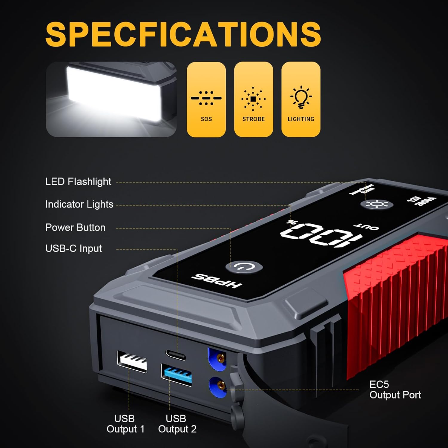 Car Jump Starter - 5000A Peak Jump Starter Battery Pack for Up to All Gas and 10.0 L Diesel Engines, 12V Portable Battery Jump Starter with 3.0 LCD Display