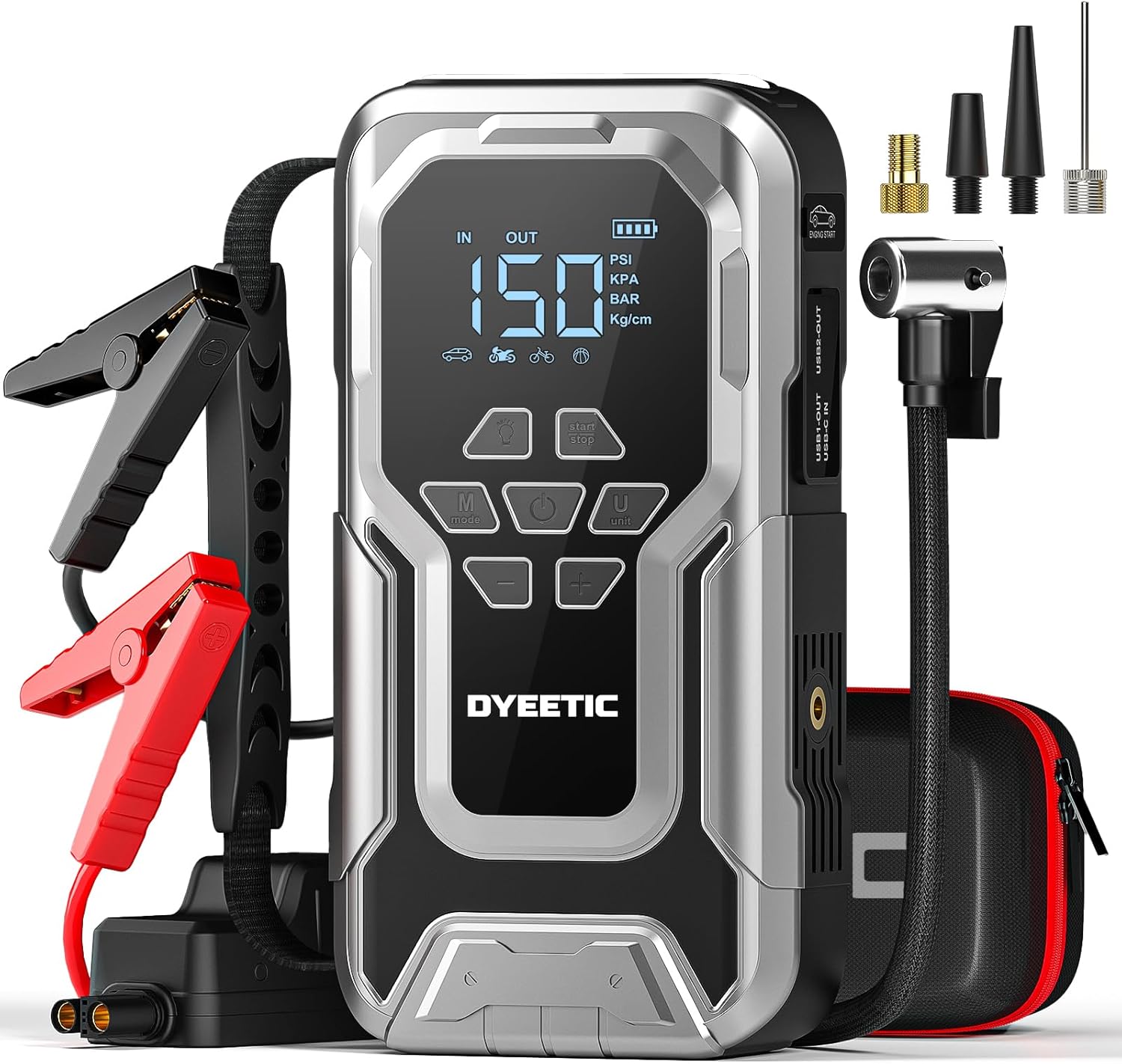 Car Jump Starter with Air Compressor, 3500A 12V Lithium Battery Jump Box with 150PSI Tire Inflator for Up to 10.0L Gas  8.0L Diesel, Portable Power Bank with 3 Modes LED Light Jumper Pack