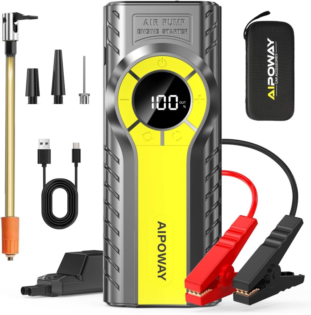 Car Jump Starter with Air Compressor,6000A Jump Starter Battery Pack (All Gas/12.0L Diesel) 12V 120PSI Auto Battery Booster,Jumper Cables with LED,Portable Lithium Jump Box with QC3.0