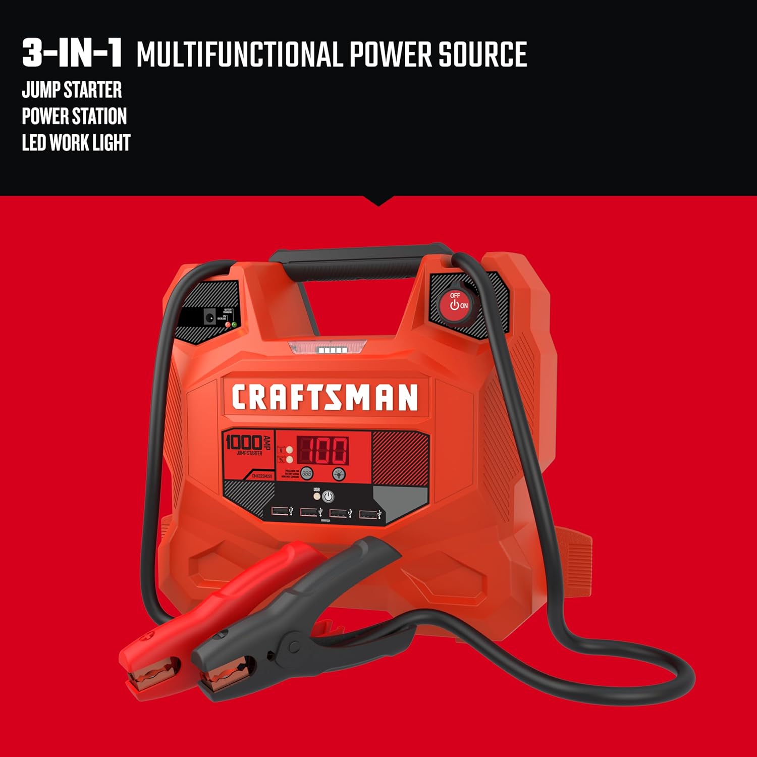 CRAFTSMAN 3-in-1 Jump Starter and Portable Power Station, CMXCESM281, 1000 Amps, 12 Volts, with DC Port, Four-Port USB Hub, and LED Work Light for Car, SUV, Truck, and Boat Batteries