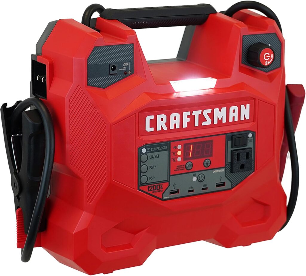 CRAFTSMAN 5-in-1 Jump Starter and Portable Power Station, CMXCESM256, 1200 Amps, 12 Volts, 100 PSI Air Compressor for Car, SUV, Truck, and Boat Batteries