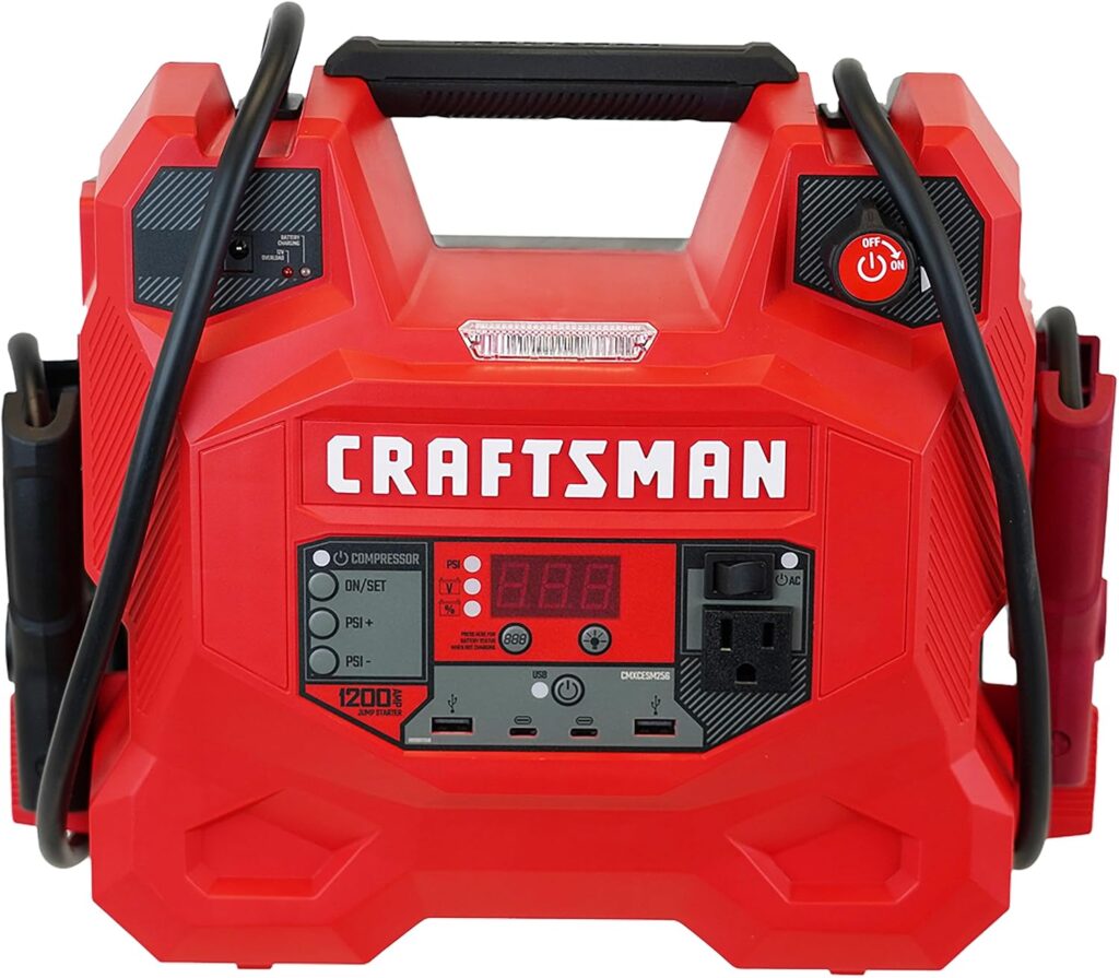 CRAFTSMAN 5-in-1 Jump Starter and Portable Power Station, CMXCESM256, 1200 Amps, 12 Volts, 100 PSI Air Compressor for Car, SUV, Truck, and Boat Batteries