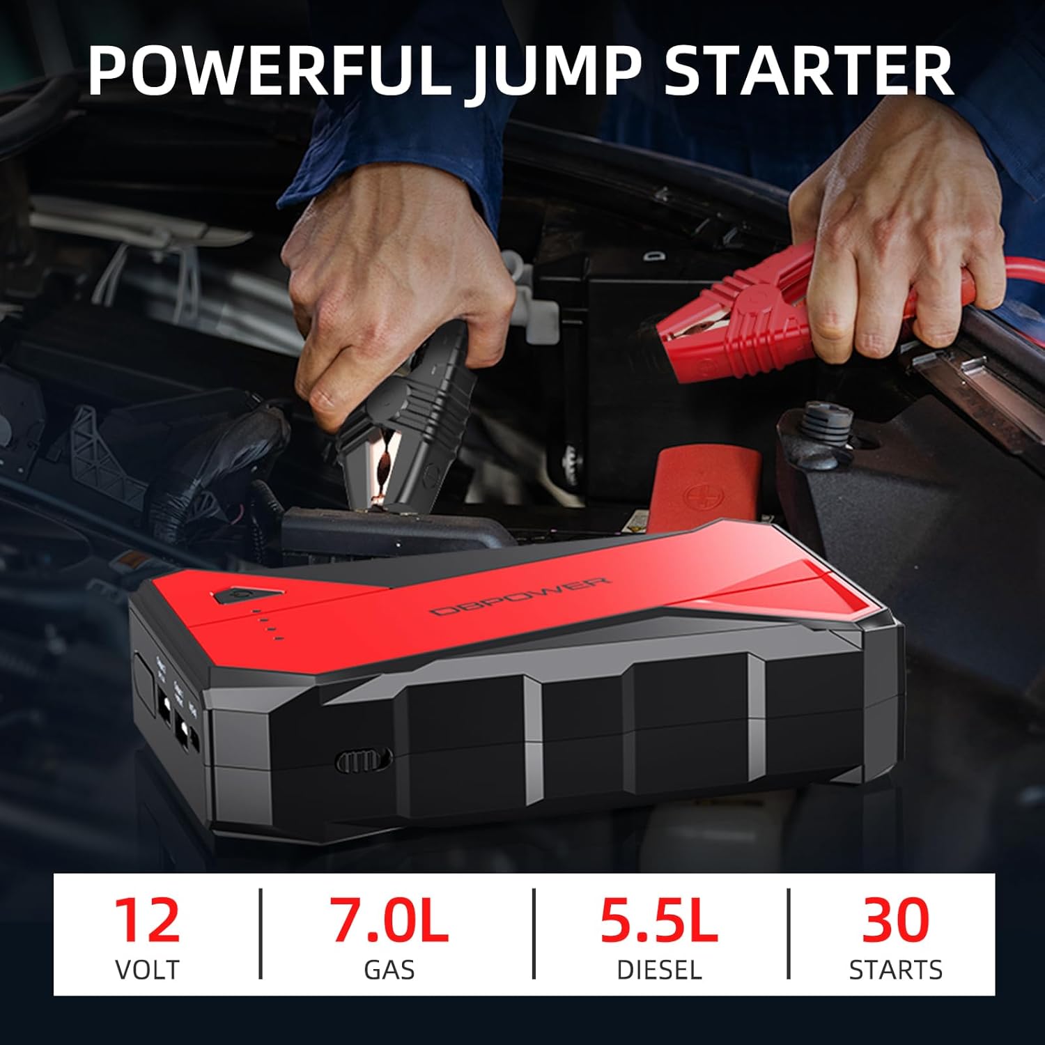 DBPOWER 1000A Portable Car Jump Starter (UP to 7.0L Gas, 5.5L Diesel Engine), 12V Lithium-Ion Auto Battery Booster, Power Pack with LCD Screen Clamp Cables,USB Quick Charge, LED Flashlight