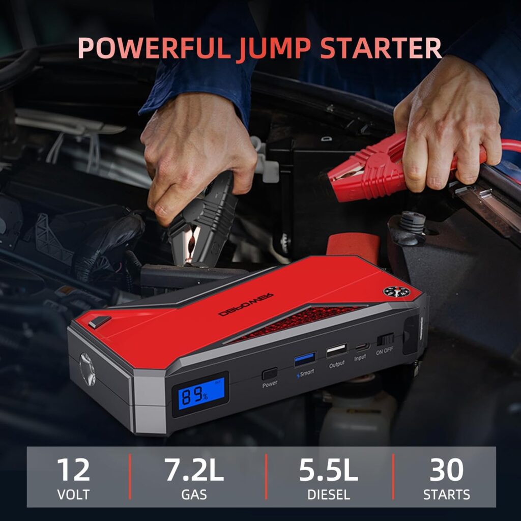 DBPOWER 800A Peak 18000mAh Portable Car Jump Starter (up to 7.2L Gas/5.5L Diesel Engine) Portable Battery Booster with LCD Screen (Red)