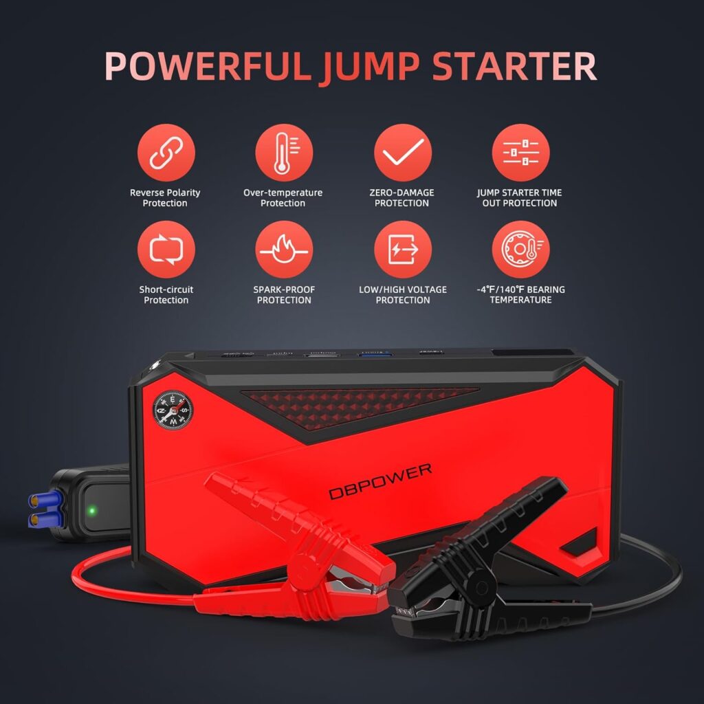 DBPOWER 800A Peak 18000mAh Portable Car Jump Starter (up to 7.2L Gas/5.5L Diesel Engine) Portable Battery Booster with LCD Screen (Red)