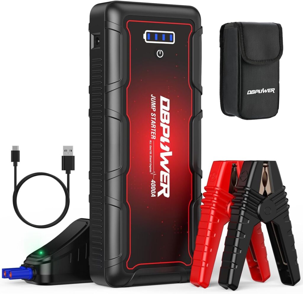 DBPOWER Jump Starter 4000A Peak 88.8Wh Portable Car Jump Starter (Up to All Gas/10L Diesel Engine) 12V Auto Battery Booster Pack with Smart Clamp Cables, Quick Charger, LED Light Jump Box