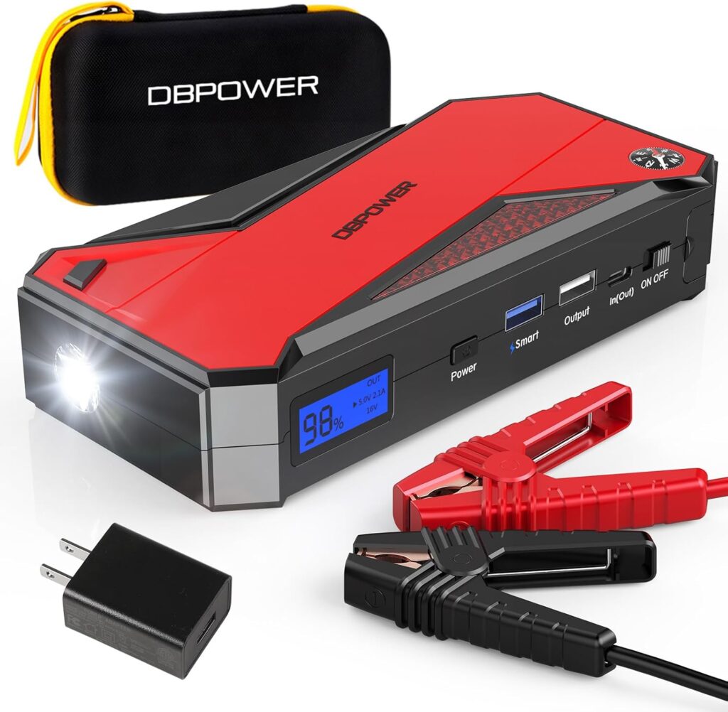 DBPOWER Peak 2000A 18000mAh Portable Car Jump Starter (up to 7.2L Gas, 5.5L Diesel Engine) Battery Booster with Smart Charging Port, Compass, LCD Screen and LED Light (Black/Red)