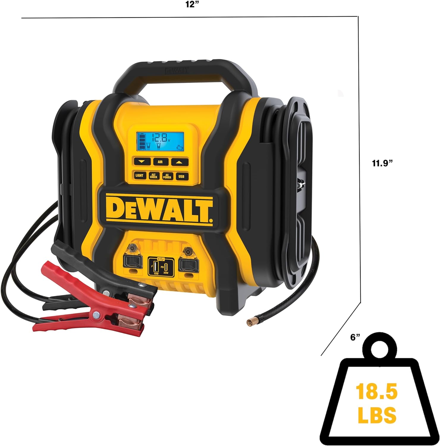 DEWALT DXAEPS14-Type2 2000 Peak Battery Amp 12V Automotive Battery Booster Jump Starter/Power Station with 500 Watt AC Power Inverter, 120 PSI Digital Compressor, and 15W USBa Ports, 25W USBc Port