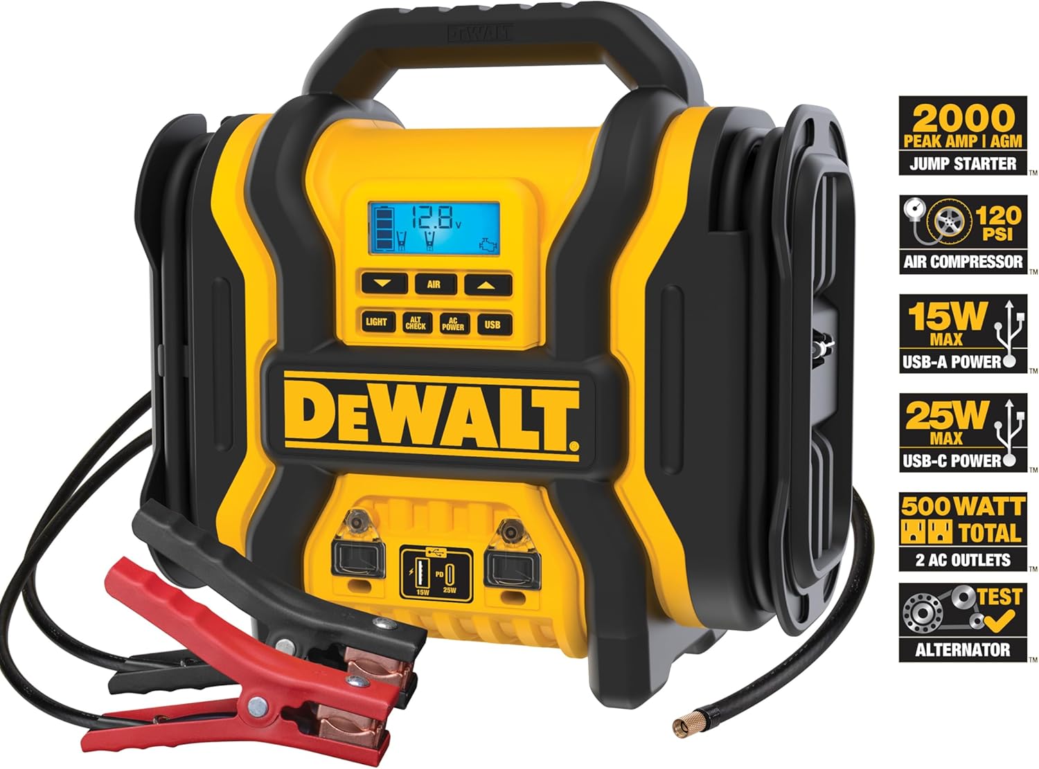 DEWALT DXAEPS14-Type2 2000 Peak Battery Amp 12V Automotive Battery Booster Jump Starter/Power Station with 500 Watt AC Power Inverter, 120 PSI Digital Compressor, and 15W USBa Ports, 25W USBc Port