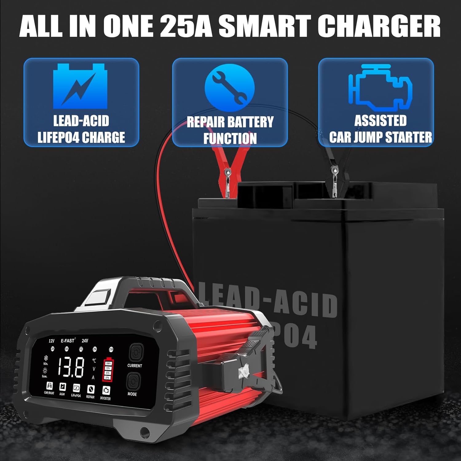 E-FAST 25A Battery Charger, 12/24V All in One Lifepo4 Lead Acid Car Battery Charger, Automotive Jump Starter, Upgraded Trickle Charger, Battery Maintainer for Car Truck Motorcycle Lawn Mower Boat