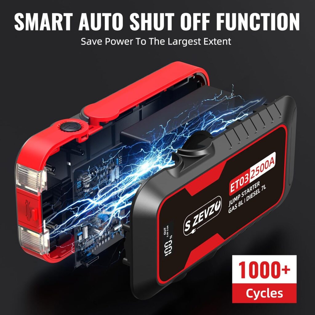 ET03 Car Jump Starter 2500A Jump Starter Battery Pack for Up to 8.0L Gas and 7.0L Diesel Engines, 74Wh Portable 12V Jump Box with USB Ports, LCD Display, Storage Case, and LED Light