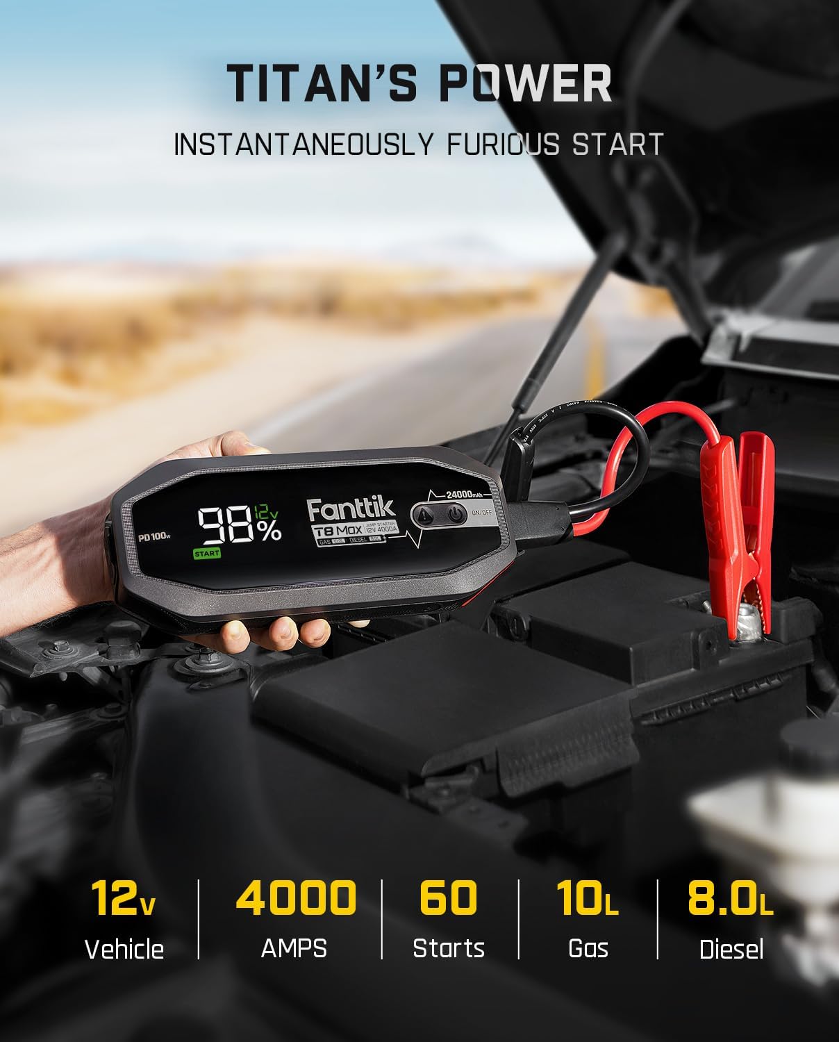 FANTTIK T8 MAX Upgrade 4000 Amp Jump Starter, 24000mAh Car Battery Pack for Up to 10.0L Gasoline and 8.0L Diesel Engines with LED Display, 100W Fast Charging, 12V Extreme Safe Lithium Portable