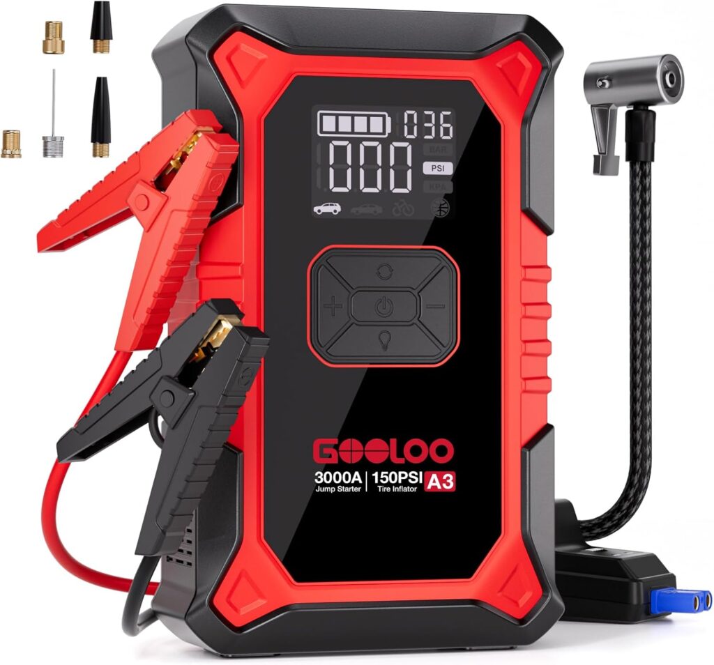 GOOLOO A3 Jump Starter with Air Compressor, 3000A Portable Car Battery Booster (9.0 Gas/6.5L Diesel) with 150PSI Auto-Shutoff Tire Inflator, 12V Supersafe Lithium Jump Box Car Battery Jumper Starter