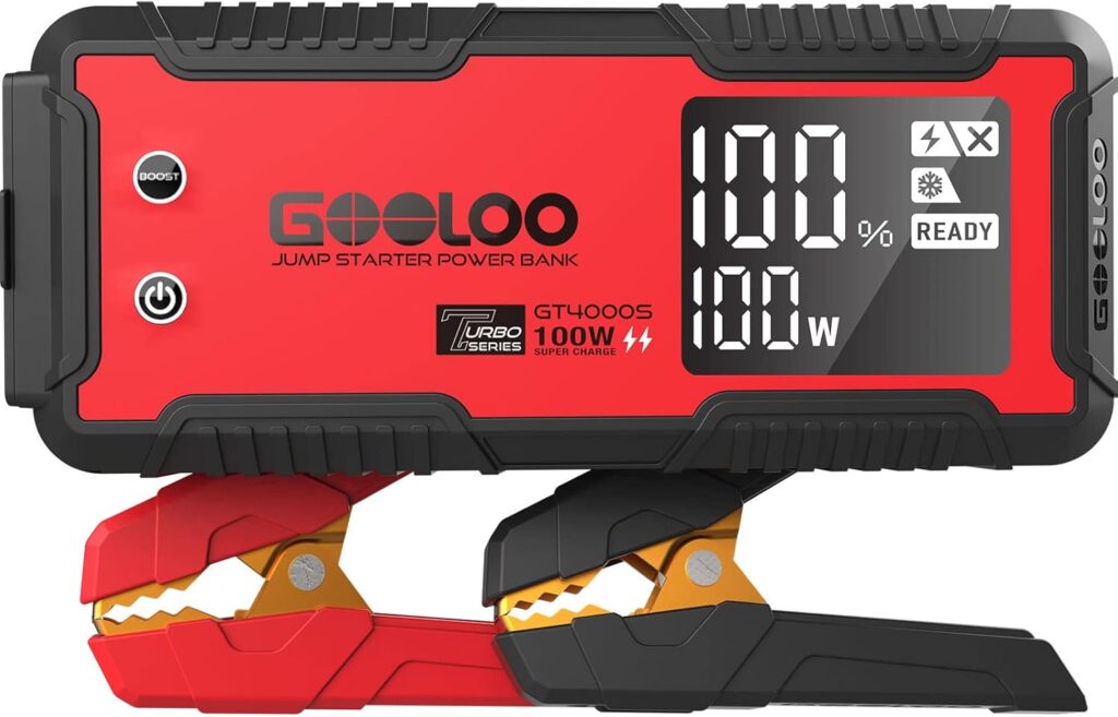 GOOLOO GT4000S Jump Starter 4000 Amp Car Starter 100W Two-Way Fast-Charging Portable Car Battery Charger Booster Pack for 10L Diesel and 12L Gas Engines, SuperSafe Lithium Jump Box for 12V Vehicles