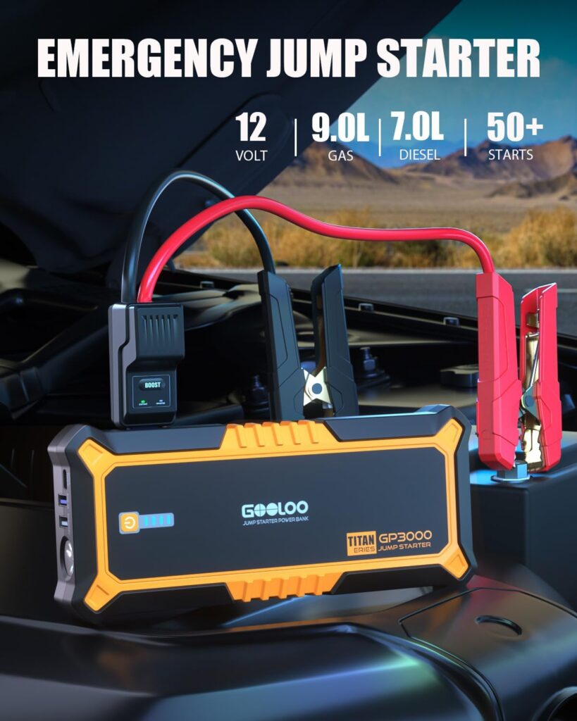 GOOLOO Upgraded GP3000 Jump Starter 3000A Peak Car Starter (Up to 9L Gas or 7L Diesel Engine) 12V Jump Box Auto Lithium Battery Booster SuperSafe Portable Power Pack with USB Quick Charge, Type-C Port